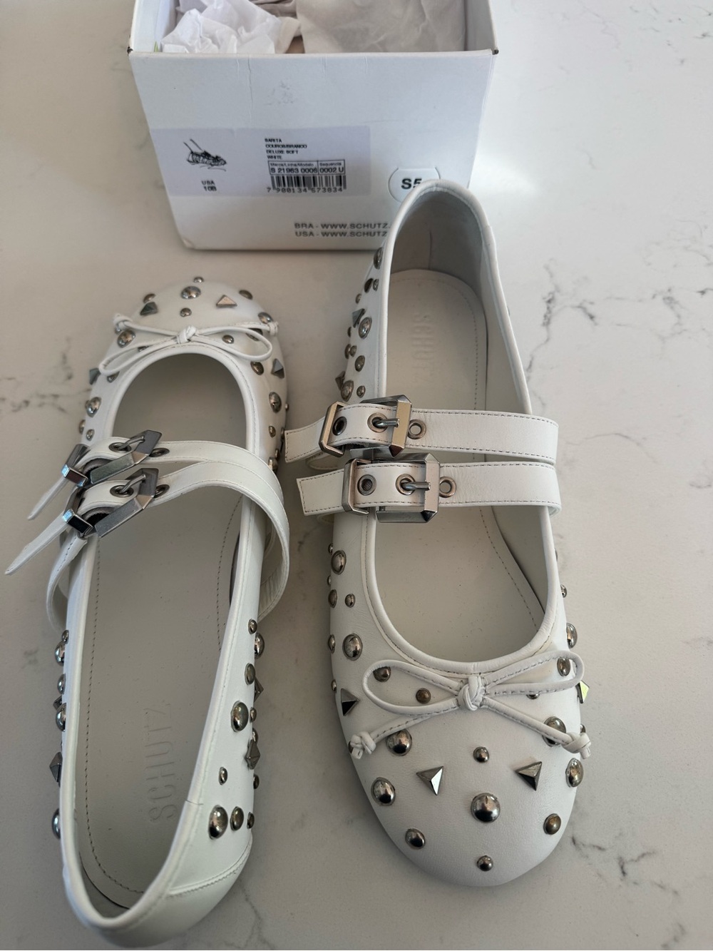 SCHUTZ White Studded Double-Buckle Mary Jane Flats - Picture 3 of 4